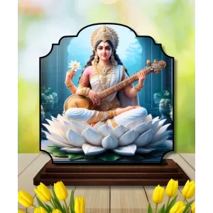 Car Dashboard/Table Top Goddess Saraswathi Wooden Rectangle Photo Stand  3x4 Inches, Compact & Stylish Spiritual Display For Car, Home & Office (Pack Of 1) (F22424)