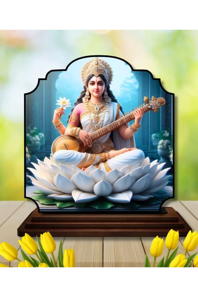 Car Dashboard/Table Top Goddess Saraswathi Wooden Rectangle Photo Stand  3x4 Inches, Compact & Stylish Spiritual Display For Car, Home & Office (Pack Of 1) (F22424)