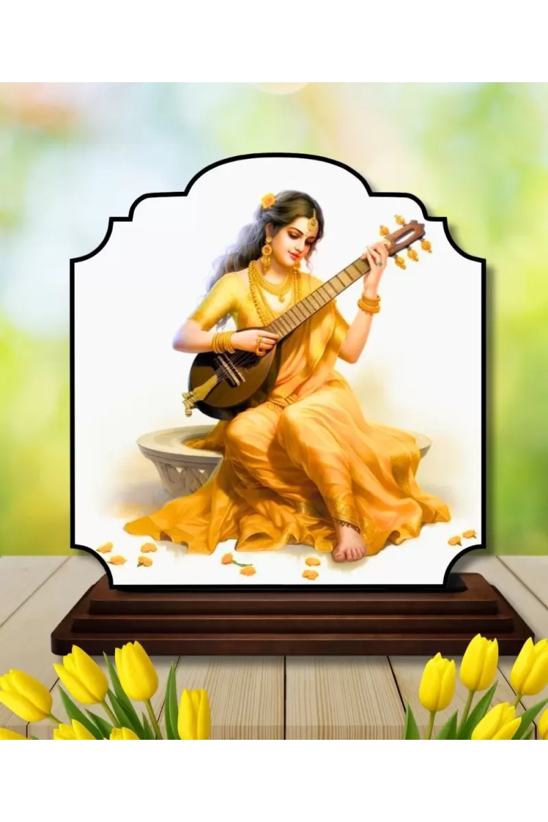 Car Dashboard/Table Top Goddess Saraswathi Wooden Rectangle Photo Stand  3x4 Inches, Compact & Stylish Spiritual Display For Car, Home & Office (Pack Of 1) (F22430)