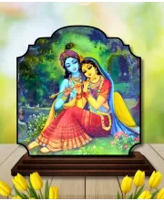 Car Dashboard/Table Top Radha Krishna Wooden Rectangle Photo Stand  3x4 Inches, Compact & Stylish Spiritual Display For Car, Home & Office (Pack Of 1) (F22435)
