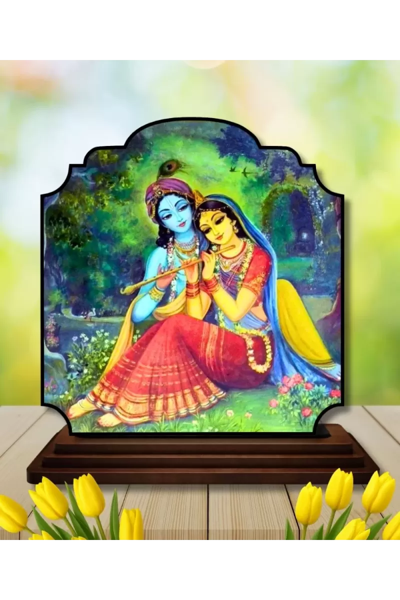 Car Dashboard/Table Top Radha Krishna Wooden Rectangle Photo Stand  3x4 Inches, Compact & Stylish Spiritual Display For Car, Home & Office (Pack Of 1) (F22435)