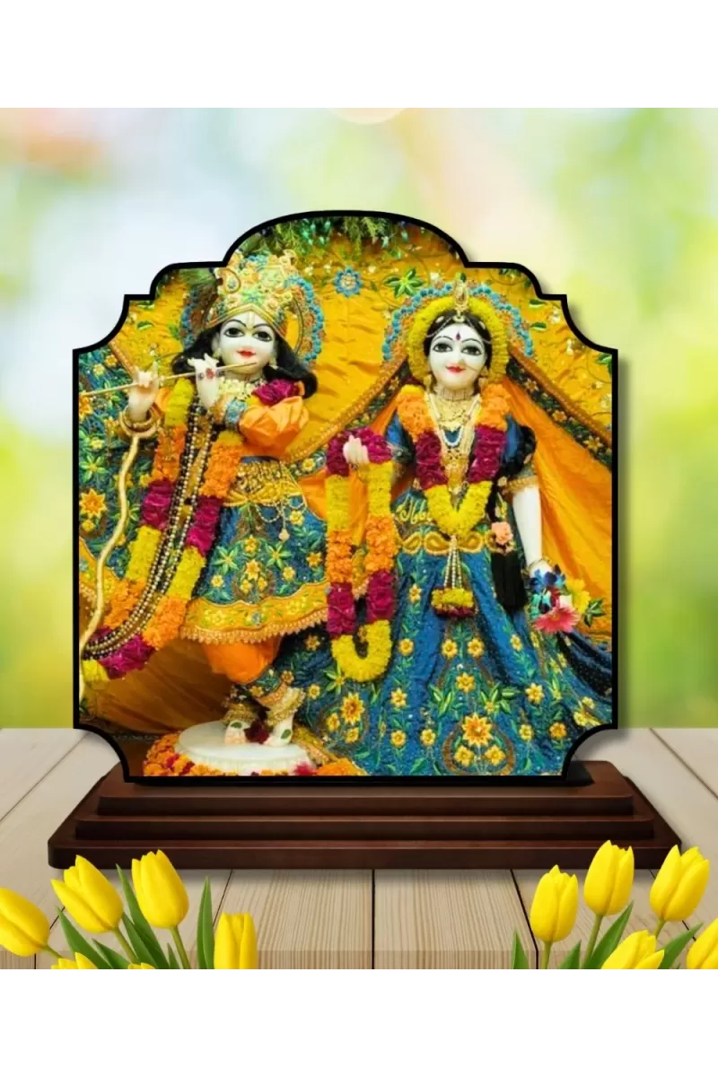 Car Dashboard/Table Top Radha Krishna Wooden Rectangle Photo Stand  3x4 Inches, Compact & Stylish Spiritual Display For Car, Home & Office (Pack Of 1) (F22436)
