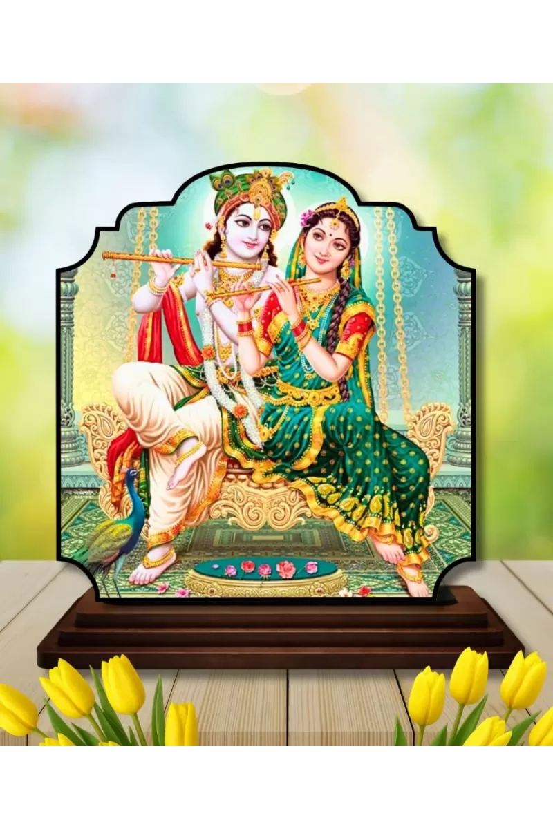 Car Dashboard/Table Top Radha Krishna Wooden Rectangle Photo Stand  3x4 Inches, Compact & Stylish Spiritual Display For Car, Home & Office (Pack Of 1) (F22437)
