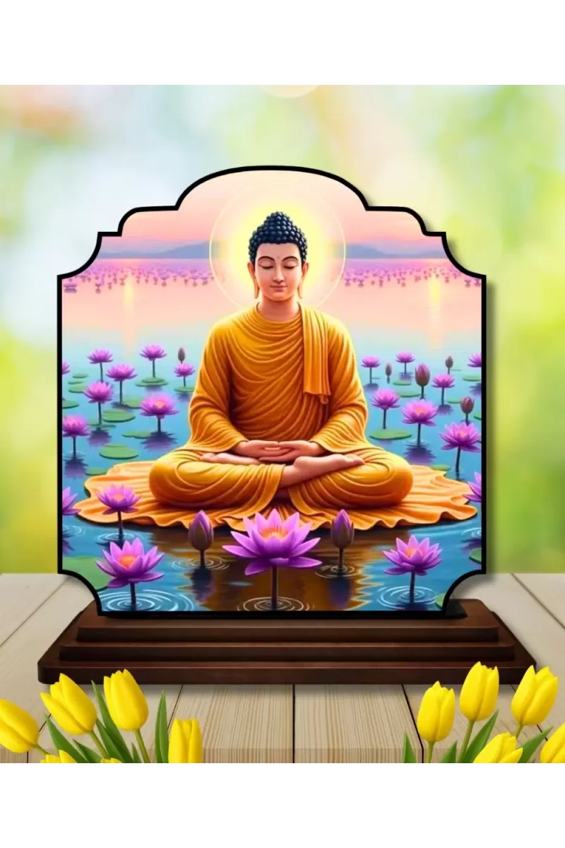 Car Dashboard/Table Top Serene Buddha Wooden Rectangle Photo Stand  3x4 Inches, Compact & Stylish Spiritual Display For Car, Home & Office (Pack Of 1) (F22438)