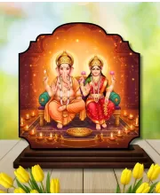 Car Dashboard/Table Top Lord Ganesha And Laskhmi Wooden Rectangle Photo Stand  3x4 Inches, Compact & Stylish Spiritual Display For Car, Home & Office (Pack Of 1) (F22441)