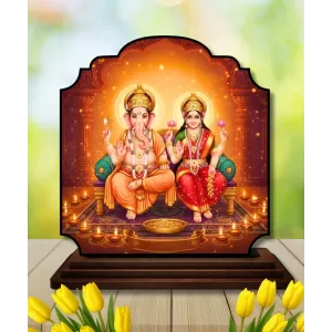 Car Dashboard/Table Top Lord Ganesha And Laskhmi Wooden Rectangle Photo Stand  3x4 Inches, Compact & Stylish Spiritual Display For Car, Home & Office (Pack Of 1) (F22441)