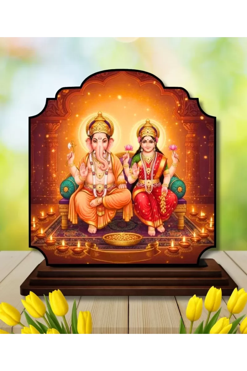Car Dashboard/Table Top Lord Ganesha And Laskhmi Wooden Rectangle Photo Stand  3x4 Inches, Compact & Stylish Spiritual Display For Car, Home & Office (Pack Of 1) (F22441)