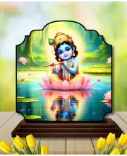Car Dashboard/Table Top Little Krishna Wooden Rectangle Photo Stand  3x4 Inches, Compact & Stylish Spiritual Display For Car, Home & Office (Pack Of 1) (F22442)