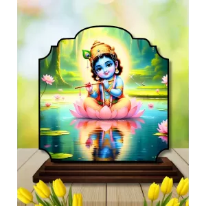 Car Dashboard/Table Top Little Krishna Wooden Rectangle Photo Stand  3x4 Inches, Compact & Stylish Spiritual Display For Car, Home & Office (Pack Of 1) (F22442)