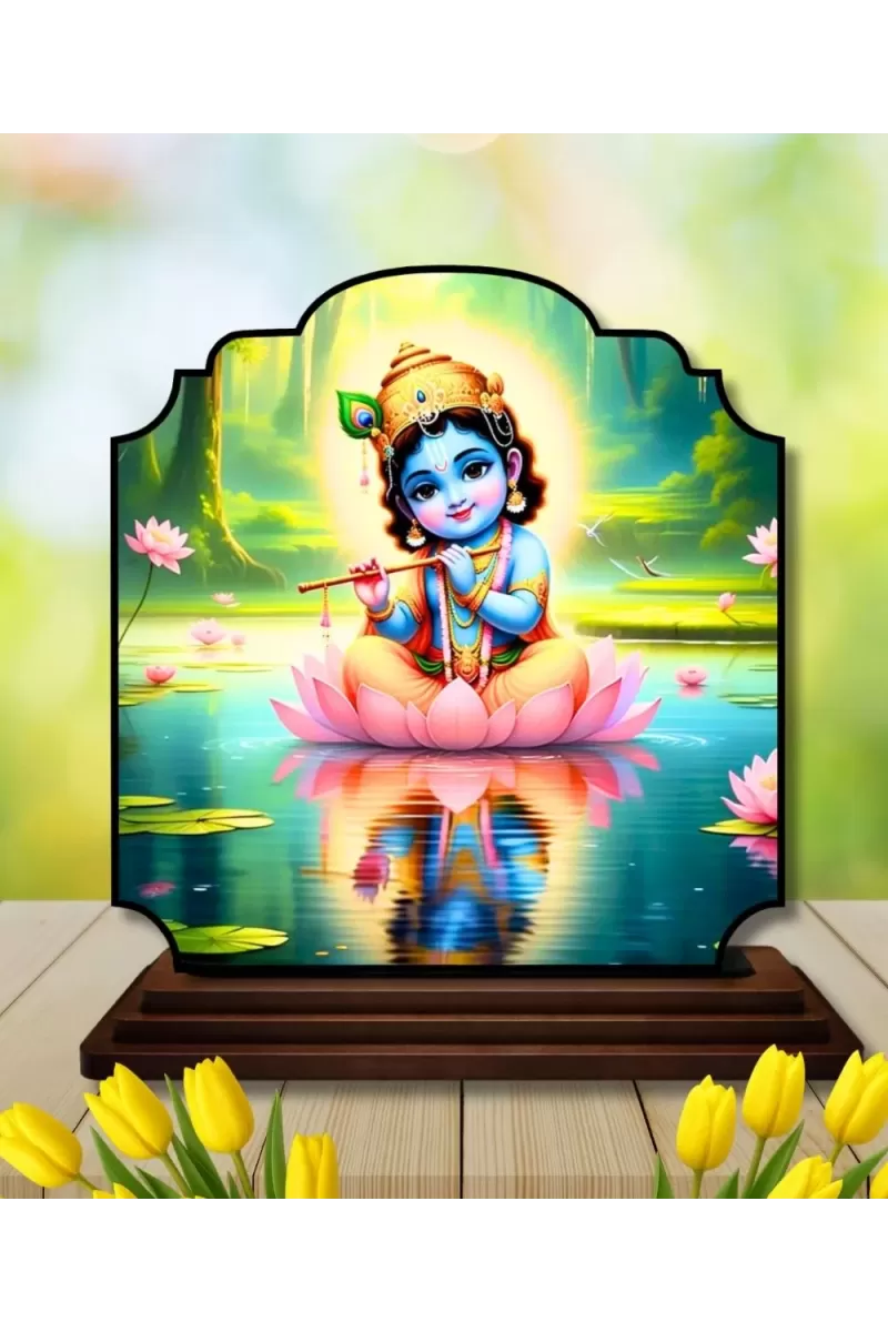 Car Dashboard/Table Top Little Krishna Wooden Rectangle Photo Stand  3x4 Inches, Compact & Stylish Spiritual Display For Car, Home & Office (Pack Of 1) (F22442)