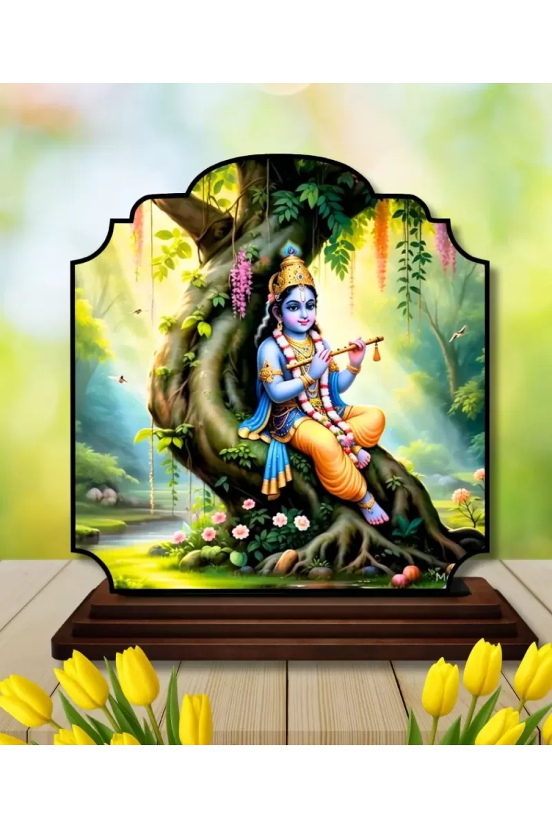 Car Dashboard/Table Top Lord Krishna Wooden Rectangle Photo Stand  3x4 Inches, Compact & Stylish Spiritual Display For Car, Home & Office (Pack Of 1) (F22443)
