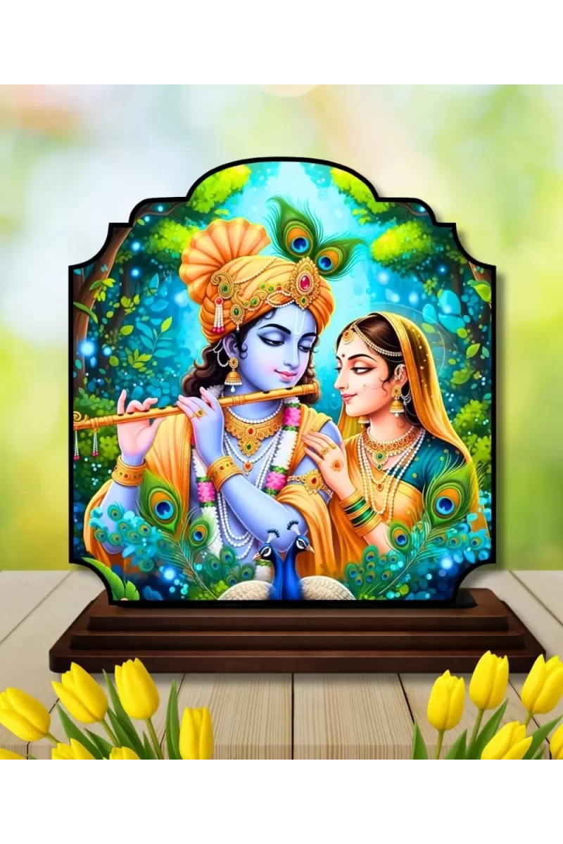 Car Dashboard/Table Top Radha Krishna Wooden Rectangle Photo Stand  3x4 Inches, Compact & Stylish Spiritual Display For Car, Home & Office (Pack Of 1) (F22444)