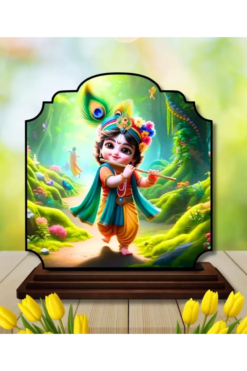Car Dashboard/Table Top Lord Krishna Wooden Rectangle Photo Stand  3x4 Inches, Compact & Stylish Spiritual Display For Car, Home & Office (Pack Of 1) (F22451)