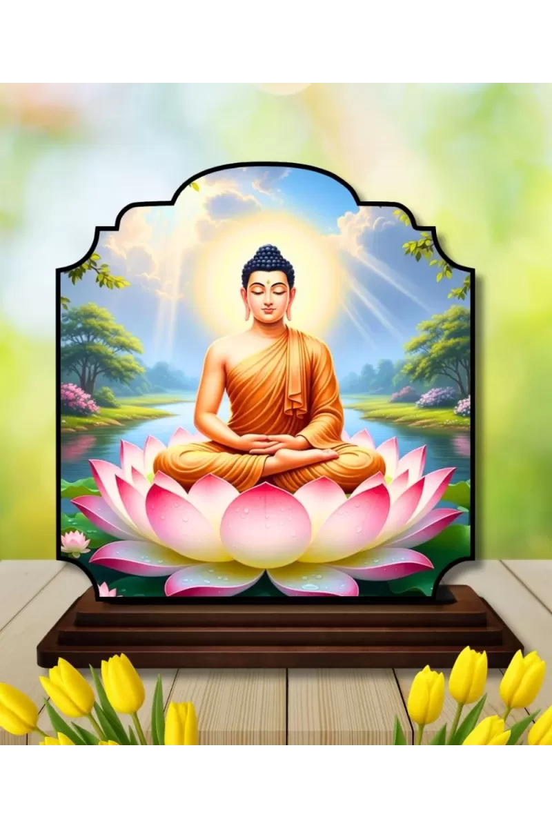 Car Dashboard/Table Top Serene Buddha Wooden Rectangle Photo Stand  3x4 Inches, Compact & Stylish Spiritual Display For Car, Home & Office (Pack Of 1) (F22452)