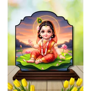 Car Dashboard/Table Top Little Radha Wooden Rectangle Photo Stand  3x4 Inches, Compact & Stylish Spiritual Display For Car, Home & Office (Pack Of 1) (F22453)