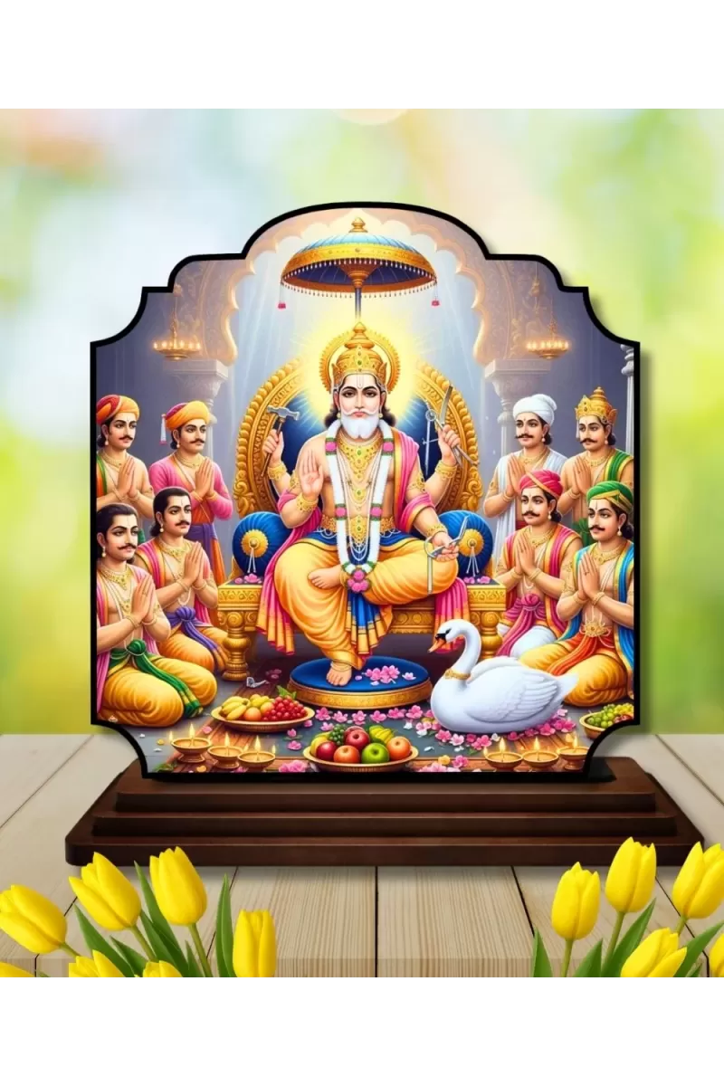 Car Dashboard/Table Top Lord Vishwakarma Wooden Rectangle Photo Stand  3x4 Inches, Compact & Stylish Spiritual Display For Car, Home & Office (Pack Of 1) (F22457)