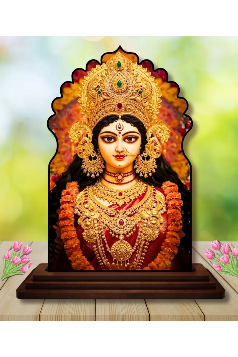 Car Dashboard/Table Top Maa Durga Wooden Temple Photo Stand  3x4 Inches, Compact & Stylish Spiritual Display For Car, Home & Office (Pack Of 1) (F22460)