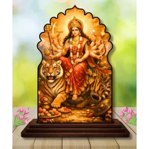 Car Dashboard/Table Top Goddess Durga Wooden Temple Photo Stand  3x4 Inches, Compact & Stylish Spiritual Display For Car, Home & Office (Pack Of 1) (F22461)