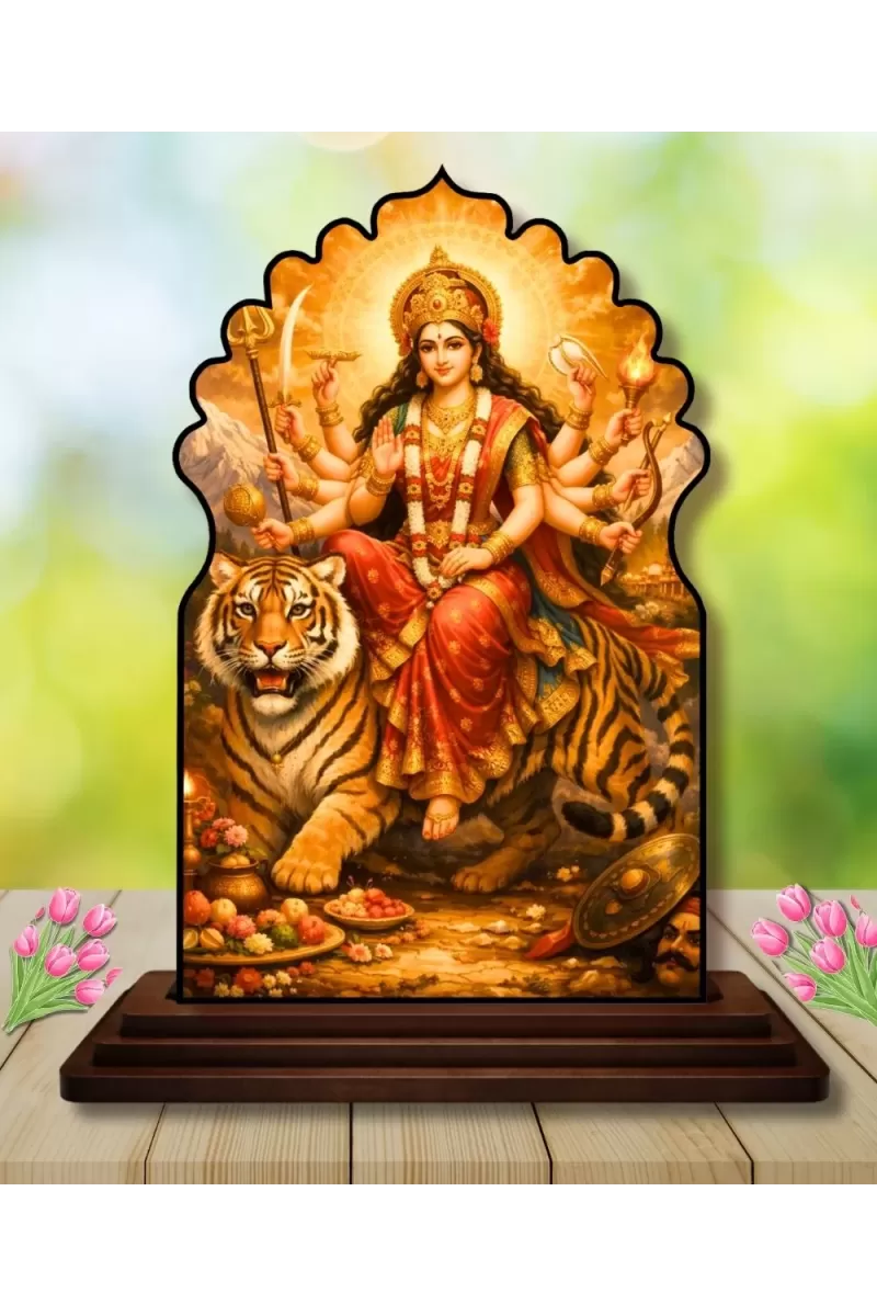 Car Dashboard/Table Top Goddess Durga Wooden Temple Photo Stand  3x4 Inches, Compact & Stylish Spiritual Display For Car, Home & Office (Pack Of 1) (F22461)