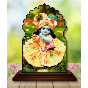 Car Dashboard/Table Top Lord Krishna Wooden Temple Photo Stand  3x4 Inches, Compact & Stylish Spiritual Display For Car, Home & Office (Pack Of 1) (F22467)