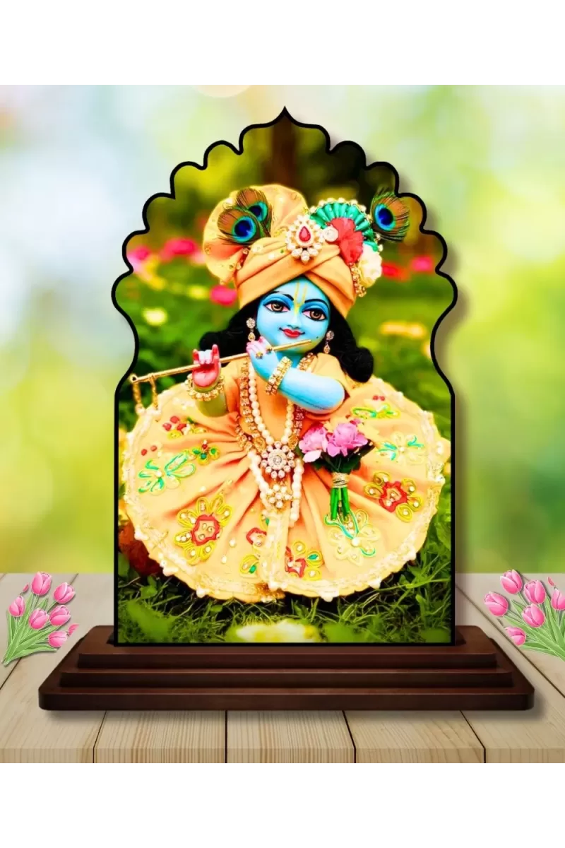 Car Dashboard/Table Top Lord Krishna Wooden Temple Photo Stand  3x4 Inches, Compact & Stylish Spiritual Display For Car, Home & Office (Pack Of 1) (F22467)