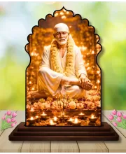 Car Dashboard/Table Top Sai Baba Wooden Temple Photo Stand  3x4 Inches, Compact & Stylish Spiritual Display For Car, Home & Office (Pack Of 1) (F22484)
