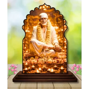 Car Dashboard/Table Top Sai Baba Wooden Temple Photo Stand  3x4 Inches, Compact & Stylish Spiritual Display For Car, Home & Office (Pack Of 1) (F22484)