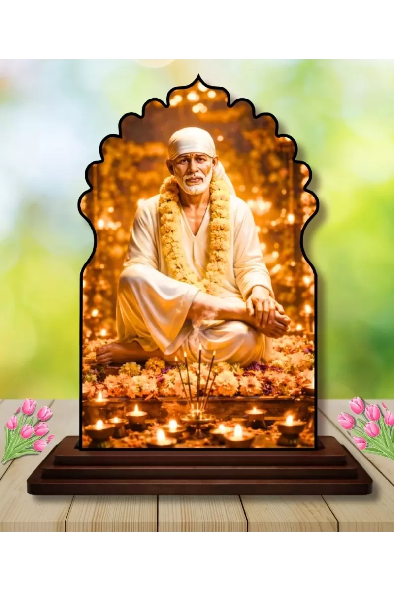 Car Dashboard/Table Top Sai Baba Wooden Temple Photo Stand  3x4 Inches, Compact & Stylish Spiritual Display For Car, Home & Office (Pack Of 1) (F22484)