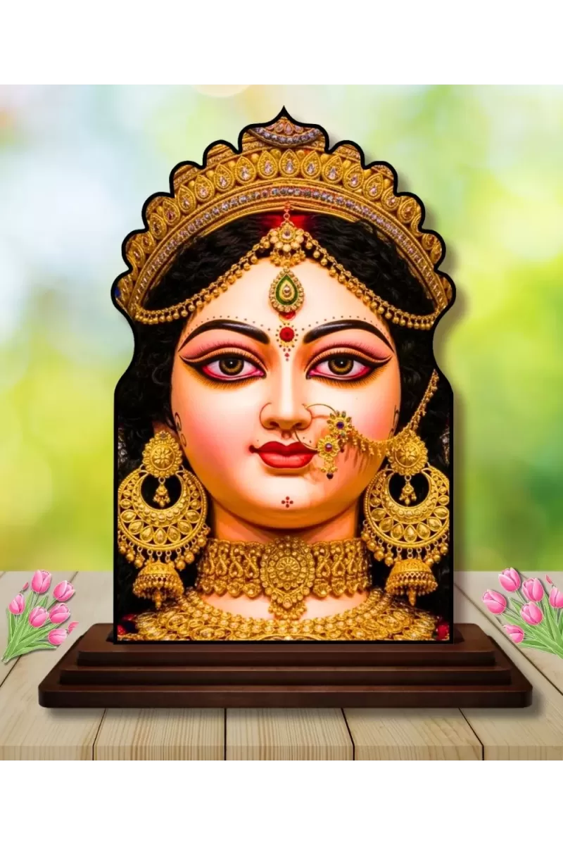 Car Dashboard/Table Top Goddess Durga Wooden Temple Photo Stand  3x4 Inches, Compact & Stylish Spiritual Display For Car, Home & Office (Pack Of 1) (F22501)