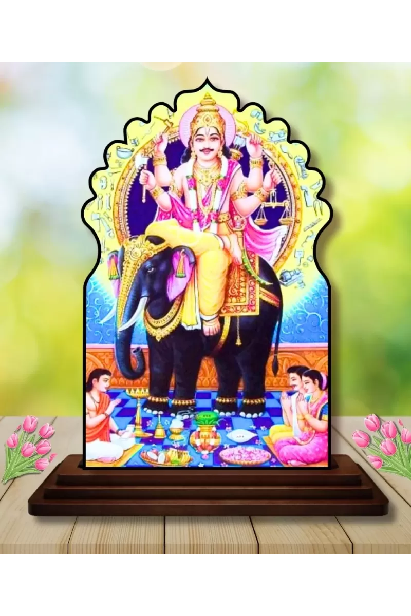 Car Dashboard/Table Top Vishwakarma Wooden Temple Photo Stand  3x4 Inches, Compact & Stylish Spiritual Display For Car, Home & Office (Pack Of 1) (F22502)