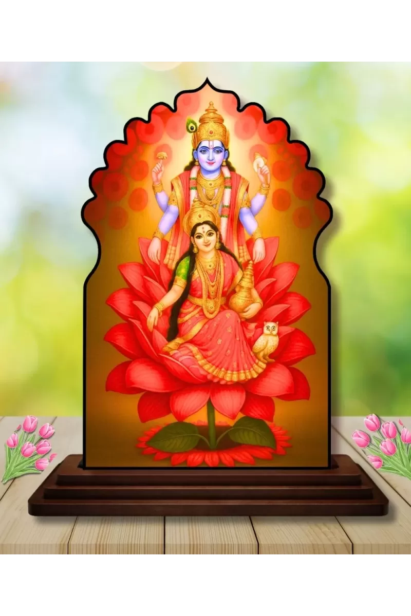 Car Dashboard/Table Top Lord Vishnu Lakshmi Wooden Temple Photo Stand  3x4 Inches, Compact & Stylish Spiritual Display For Car, Home & Office (Pack Of 1) (F22507)