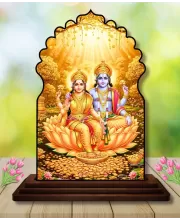 Car Dashboard/Table Top Lord Vishnu Lakshmi Wooden Temple Photo Stand  3x4 Inches, Compact & Stylish Spiritual Display For Car, Home & Office (Pack Of 1) (F22508)