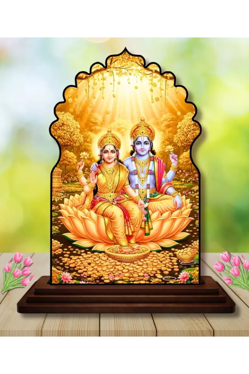 Car Dashboard/Table Top Lord Vishnu Lakshmi Wooden Temple Photo Stand  3x4 Inches, Compact & Stylish Spiritual Display For Car, Home & Office (Pack Of 1) (F22508)