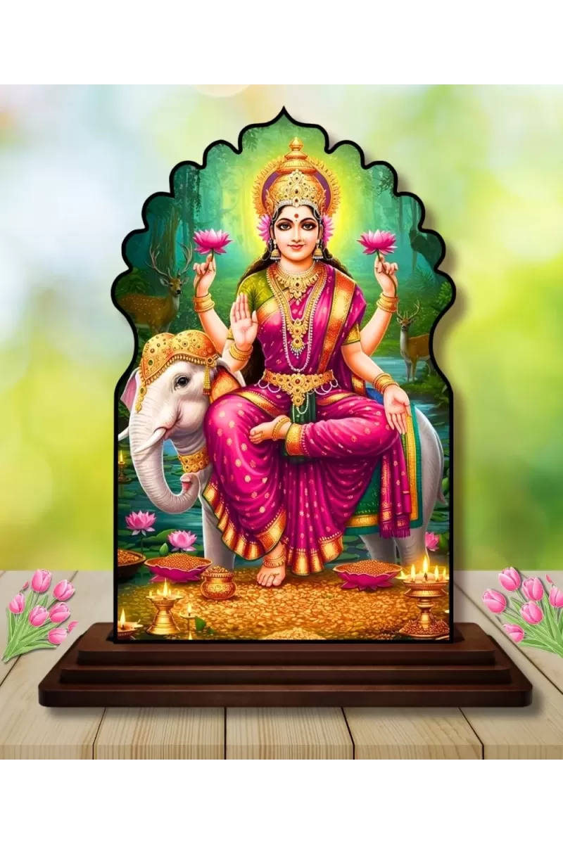 Car Dashboard/Table Top Goddess Lakshmi Wooden Temple Photo Stand  3x4 Inches, Compact & Stylish Spiritual Display For Car, Home & Office (Pack Of 1) (F22511)