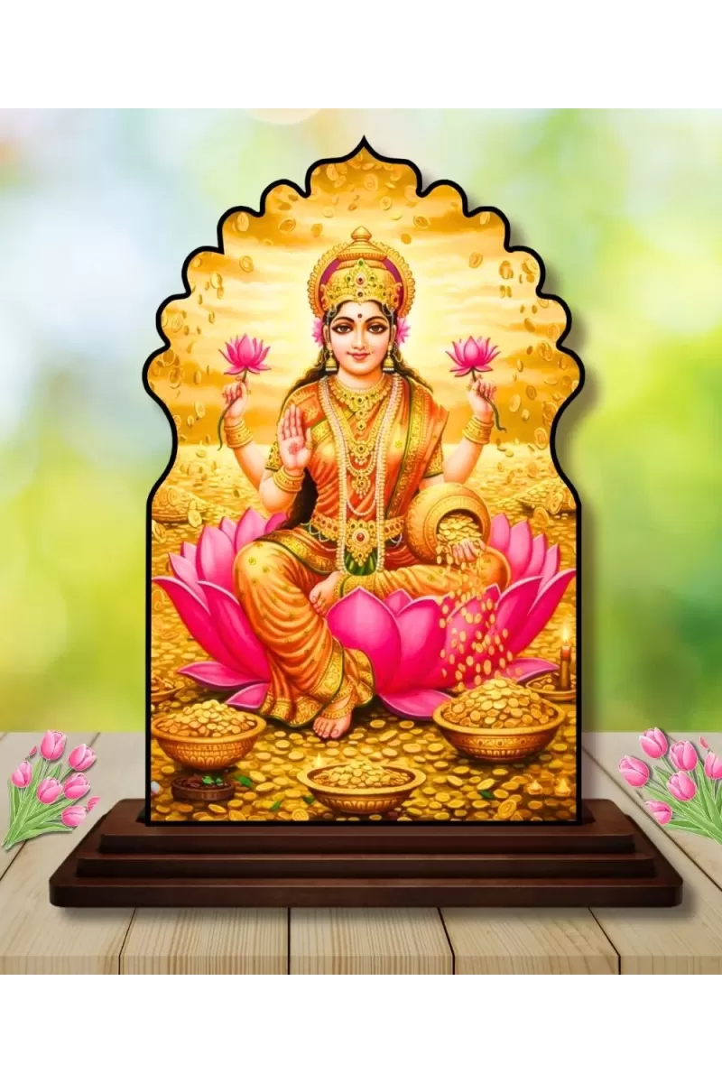 Car Dashboard/Table Top Goddess Lakshmi Wooden Temple Photo Stand  3x4 Inches, Compact & Stylish Spiritual Display For Car, Home & Office (Pack Of 1) (F22512)