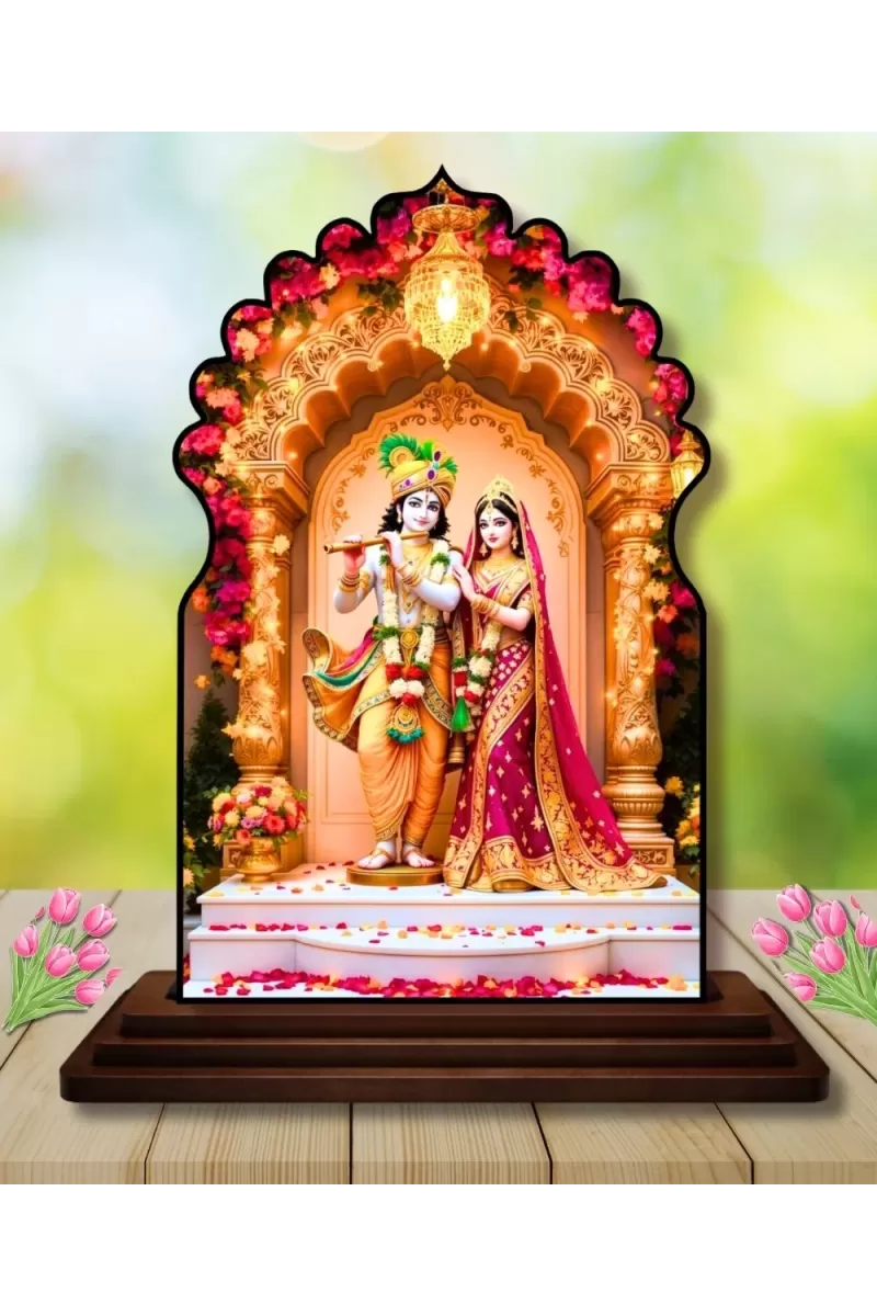 Car Dashboard/Table Top Radha Krishna Wooden Temple Photo Stand  3x4 Inches, Compact & Stylish Spiritual Display For Car, Home & Office (Pack Of 1) (F22515)