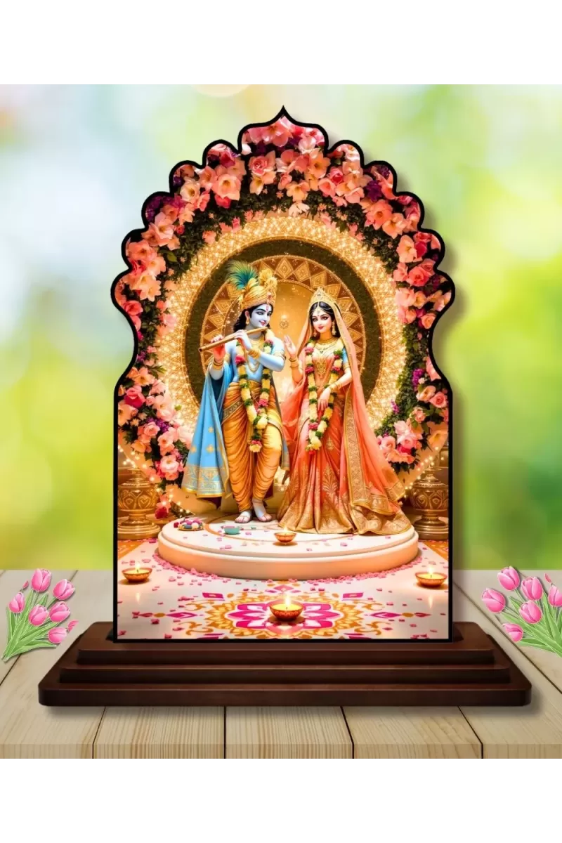 Car Dashboard/Table Top Radha Krishna Wooden Temple Photo Stand  3x4 Inches, Compact & Stylish Spiritual Display For Car, Home & Office (Pack Of 1) (F22516)