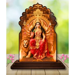 Car Dashboard/Table Top Goddess Durga Wooden Temple Photo Stand  3x4 Inches, Compact & Stylish Spiritual Display For Car, Home & Office (Pack Of 1) (F22518)
