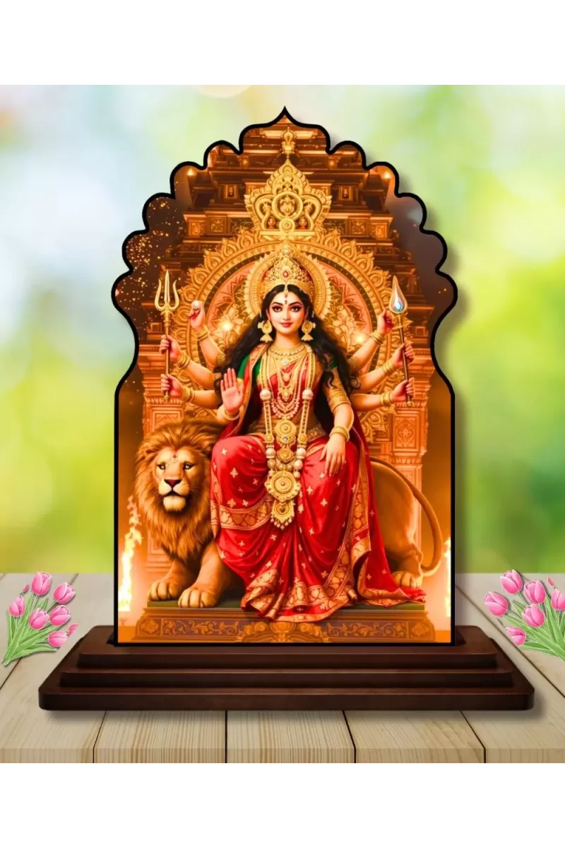 Car Dashboard/Table Top Goddess Durga Wooden Temple Photo Stand  3x4 Inches, Compact & Stylish Spiritual Display For Car, Home & Office (Pack Of 1) (F22518)