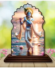Car Dashboard/Table Top Lord Krishna Wooden Temple Photo Stand  3x4 Inches, Compact & Stylish Spiritual Display For Car, Home & Office (Pack Of 1) (F22519)