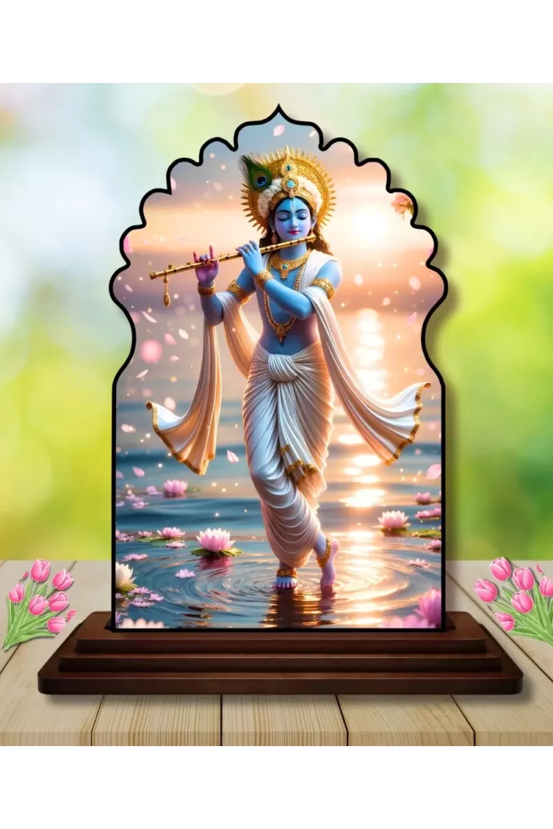 Car Dashboard/Table Top Lord Krishna Wooden Temple Photo Stand  3x4 Inches, Compact & Stylish Spiritual Display For Car, Home & Office (Pack Of 1) (F22519)