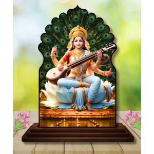 Car Dashboard/Table Top Goddess Saraswathi Wooden Temple Photo Stand  3x4 Inches, Compact & Stylish Spiritual Display For Car, Home & Office (Pack Of 1) (F22521)