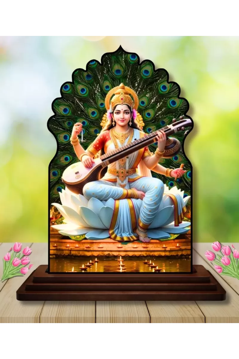 Car Dashboard/Table Top Goddess Saraswathi Wooden Temple Photo Stand  3x4 Inches, Compact & Stylish Spiritual Display For Car, Home & Office (Pack Of 1) (F22521)