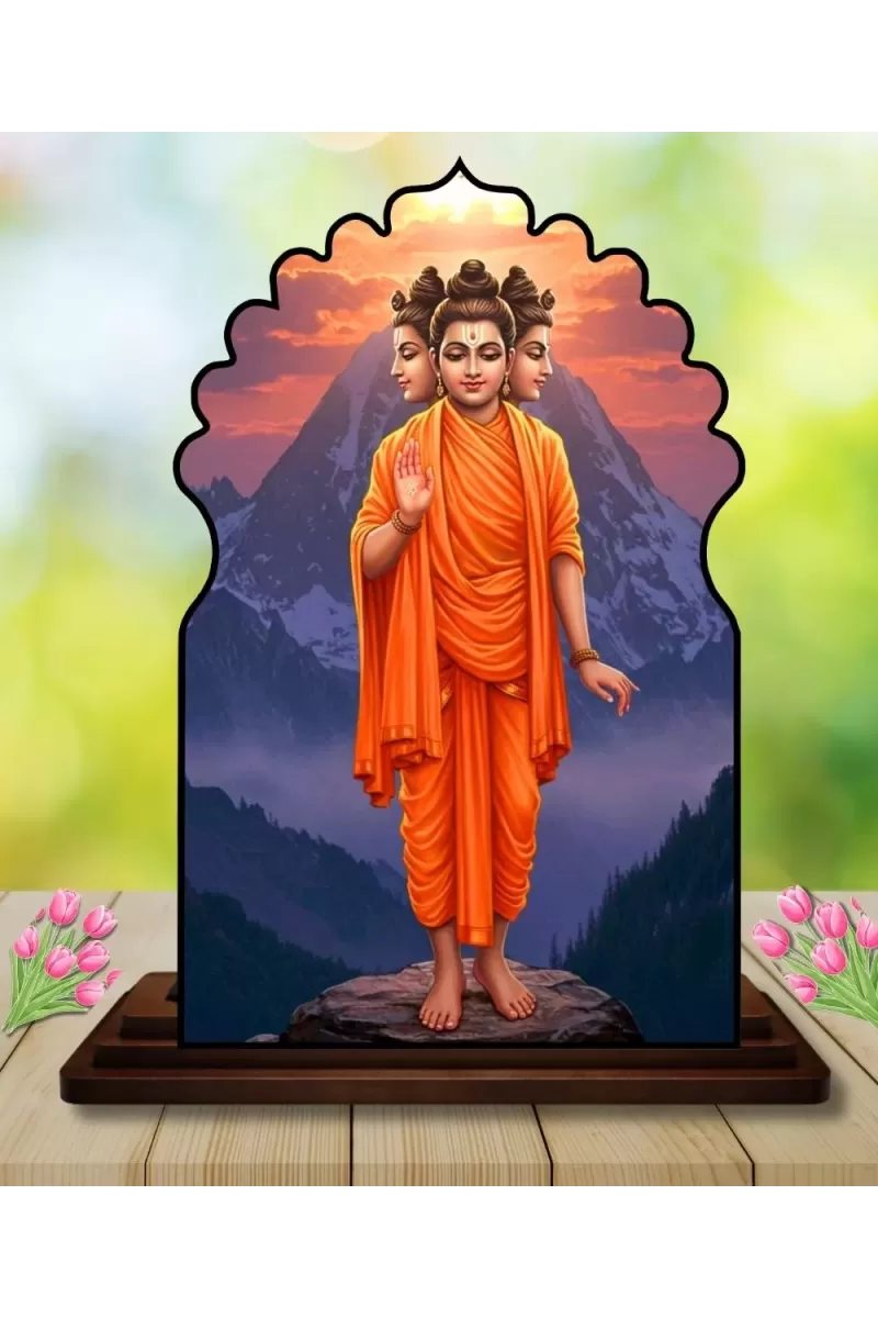 Car Dashboard/Table Top Lord Dattatreya Wooden Temple Photo Stand  3x4 Inches, Compact & Stylish Spiritual Display For Car, Home & Office (Pack Of 1) (F22523)