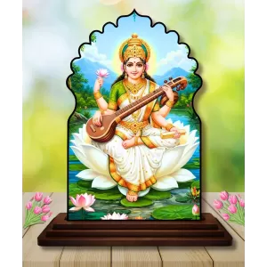 Car Dashboard/Table Top Goddess Saraswathi Wooden Temple Photo Stand  3x4 Inches, Compact & Stylish Spiritual Display For Car, Home & Office (Pack Of 1) (F22526)