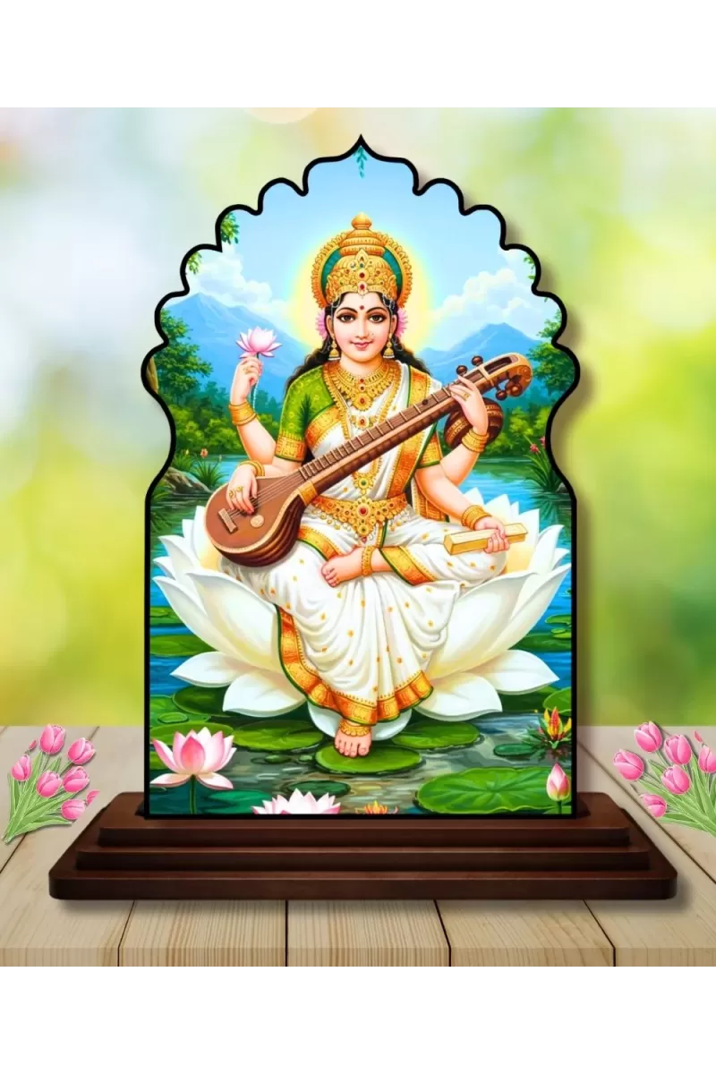Car Dashboard/Table Top Goddess Saraswathi Wooden Temple Photo Stand  3x4 Inches, Compact & Stylish Spiritual Display For Car, Home & Office (Pack Of 1) (F22526)
