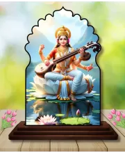 Car Dashboard/Table Top Goddess Saraswathi Wooden Temple Photo Stand  3x4 Inches, Compact & Stylish Spiritual Display For Car, Home & Office (Pack Of 1) (F22527)