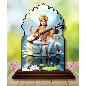 Car Dashboard/Table Top Goddess Saraswathi Wooden Temple Photo Stand  3x4 Inches, Compact & Stylish Spiritual Display For Car, Home & Office (Pack Of 1) (F22527)