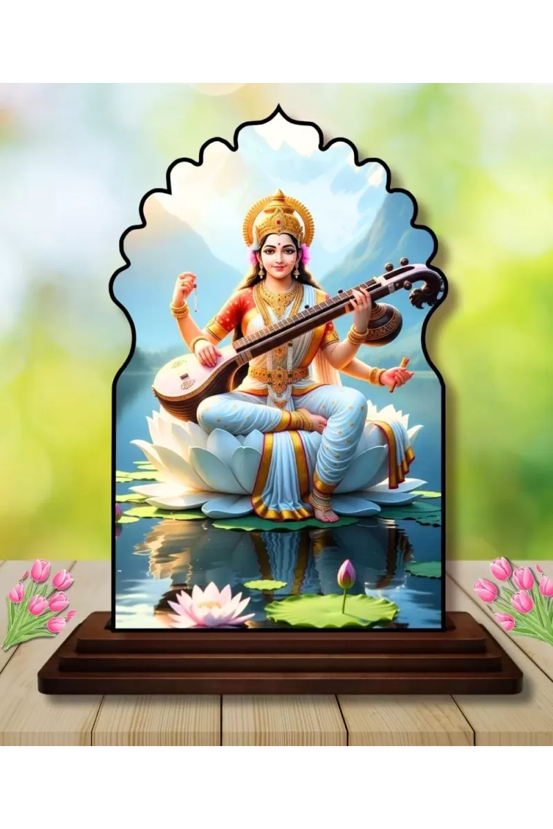 Car Dashboard/Table Top Goddess Saraswathi Wooden Temple Photo Stand  3x4 Inches, Compact & Stylish Spiritual Display For Car, Home & Office (Pack Of 1) (F22527)
