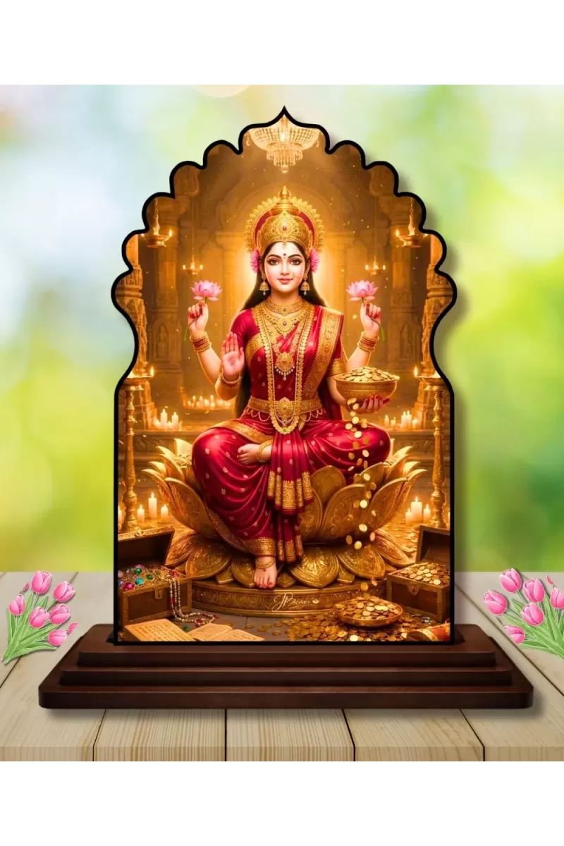 Car Dashboard/Table Top Goddess Lakshmi Wooden Temple Photo Stand  3x4 Inches, Compact & Stylish Spiritual Display For Car, Home & Office (Pack Of 1) (F22529)